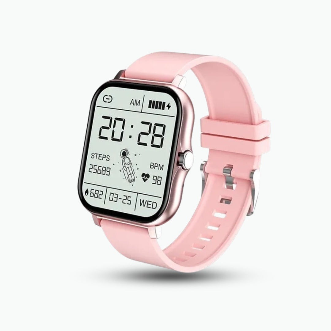 Smartwatch met groot vierkant scherm en roze band