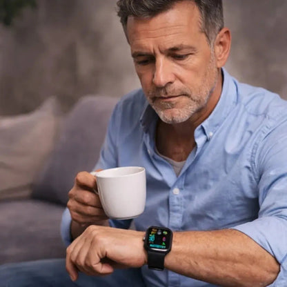 Man kijkt tijdens de koffie op zijn smartwatch met SOS-knop