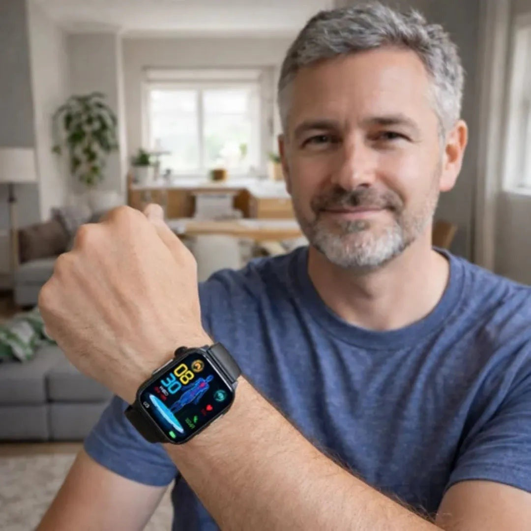 Man toont de smartwatch met SOS-knop om zijn pols