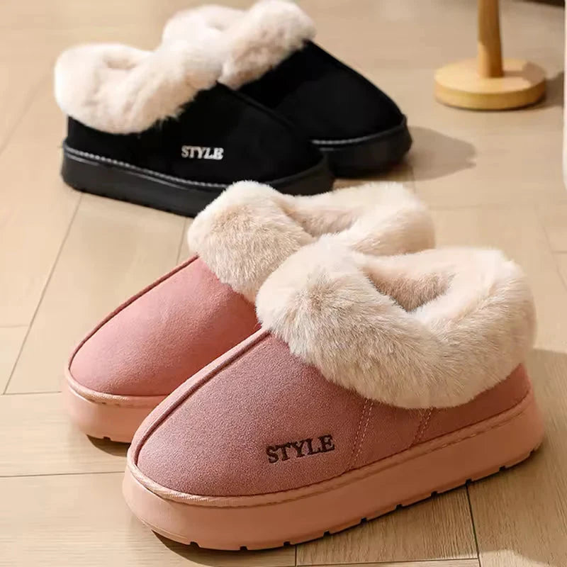 Korte snowboots in suède look met brede pluche kraag, pluche voering en dikke plateauzool - beeld 2