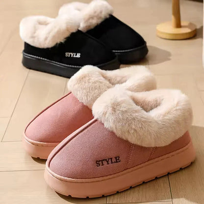 Korte snowboots in suède look met brede pluche kraag, pluche voering en dikke plateauzool - beeld 2