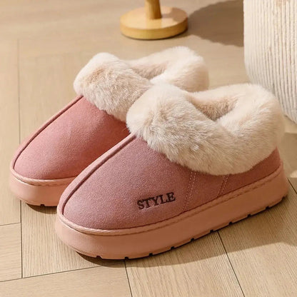 Korte snowboots in suède look met brede pluche kraag, pluche voering en dikke plateauzool - roze