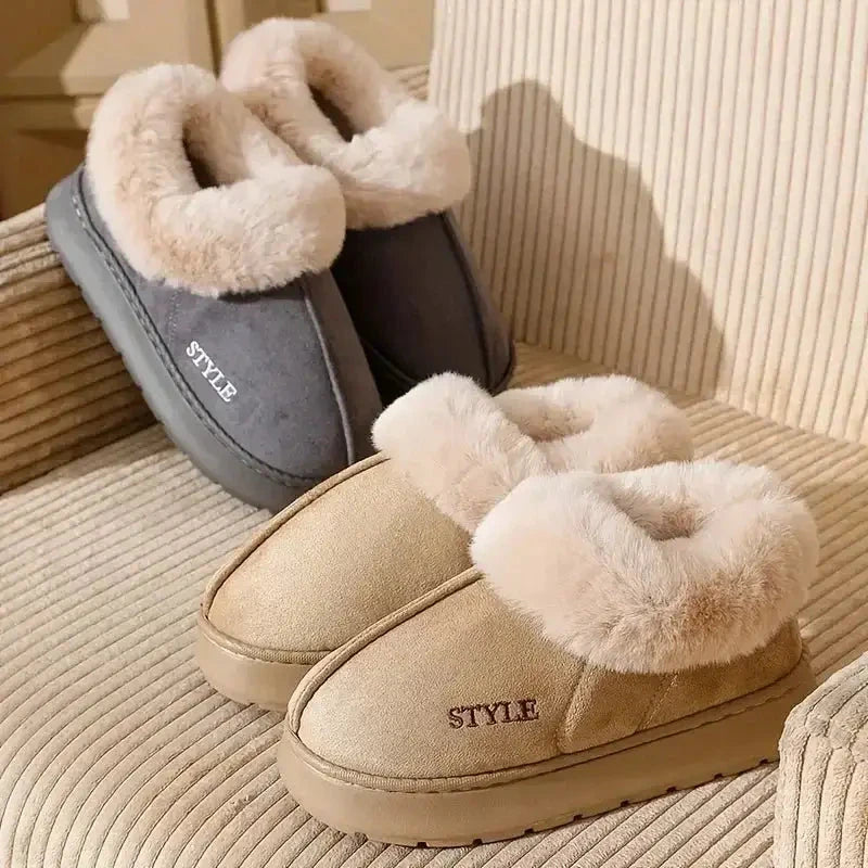 Korte snowboots in suède look met brede pluche kraag, pluche voering en dikke plateauzool - beeld 7