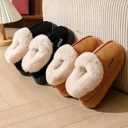 Korte snowboots in suède look met brede pluche kraag, pluche voering en dikke plateauzool - beeld 8