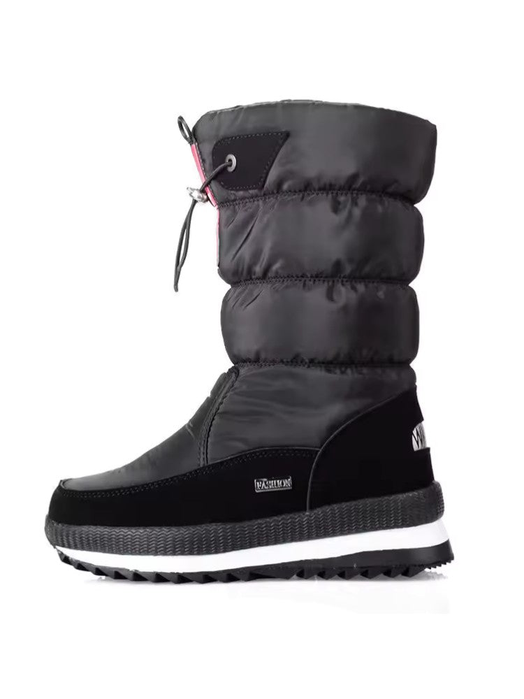 Snowboots voor dames met gewatteerde schacht, trekkoord en pluche voering - zwart