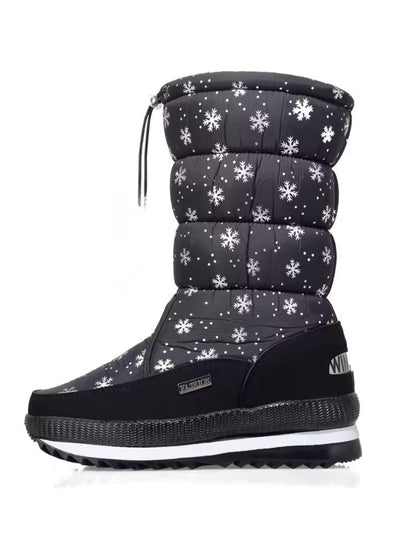 Snowboots voor dames met gewatteerde schacht, trekkoord en pluche voering - zwart met sneeuwvlokken
