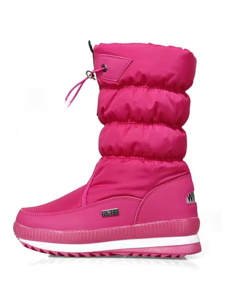 Snowboots voor dames met gewatteerde schacht, trekkoord en pluche voering - fuchsia