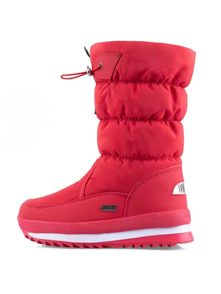 Snowboots voor dames met gewatteerde schacht, trekkoord en pluche voering - rood