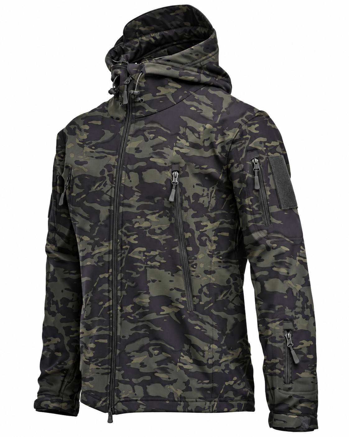 Softshell herenjack met capuchon, fleecevoering en ritszakken - grijze camouflage