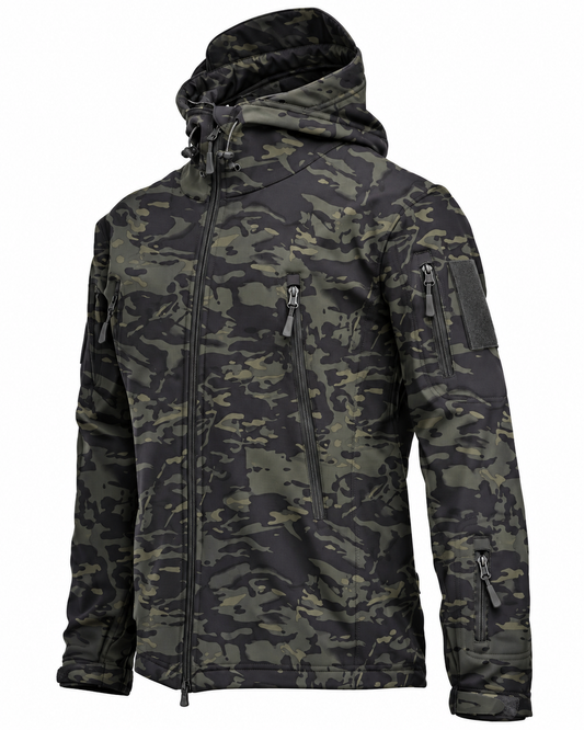 Softshell herenjack met capuchon, fleecevoering en ritszakken - grijze camouflage