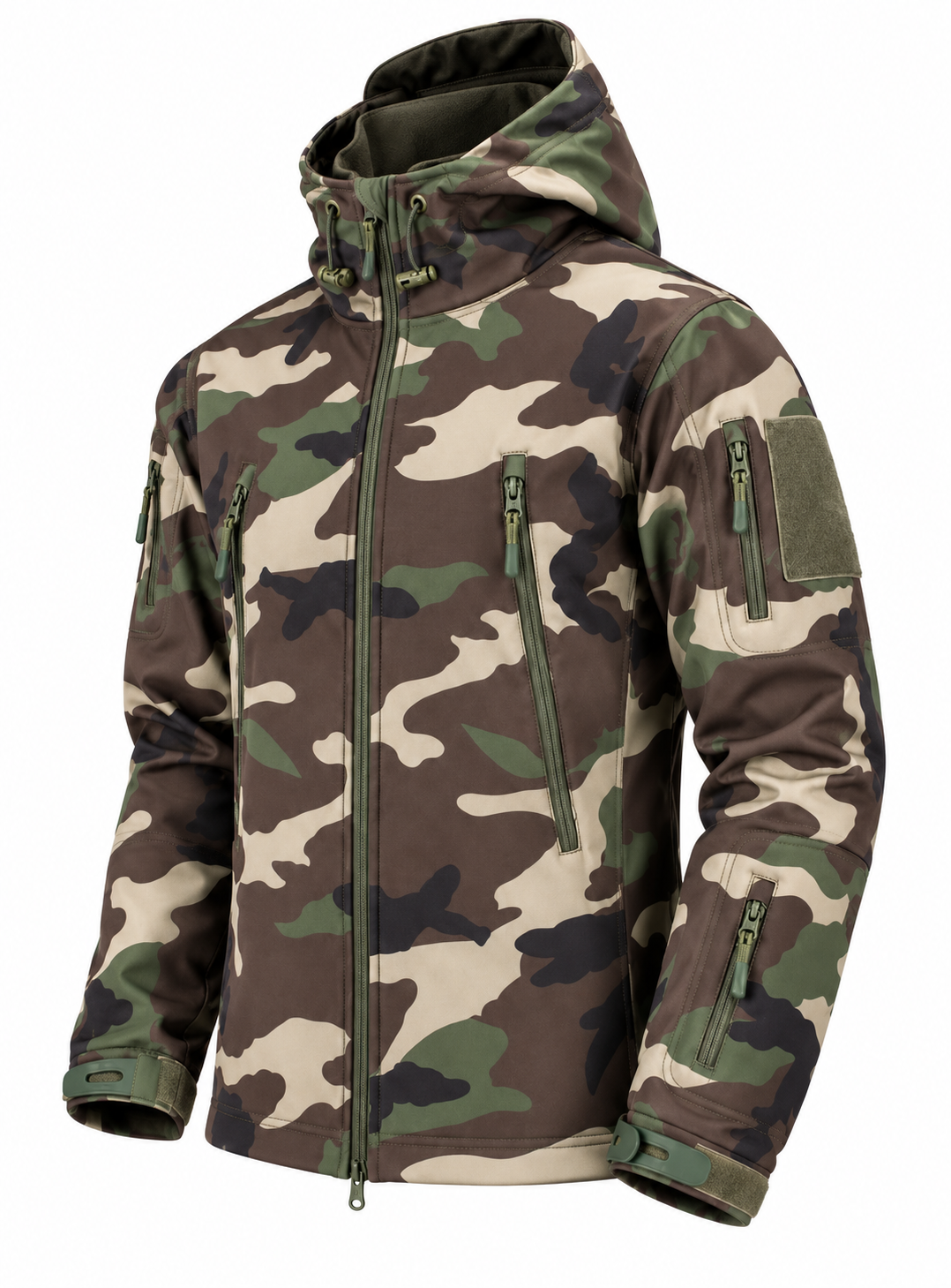 Softshell herenjack met capuchon, fleecevoering en ritszakken - groene camouflage