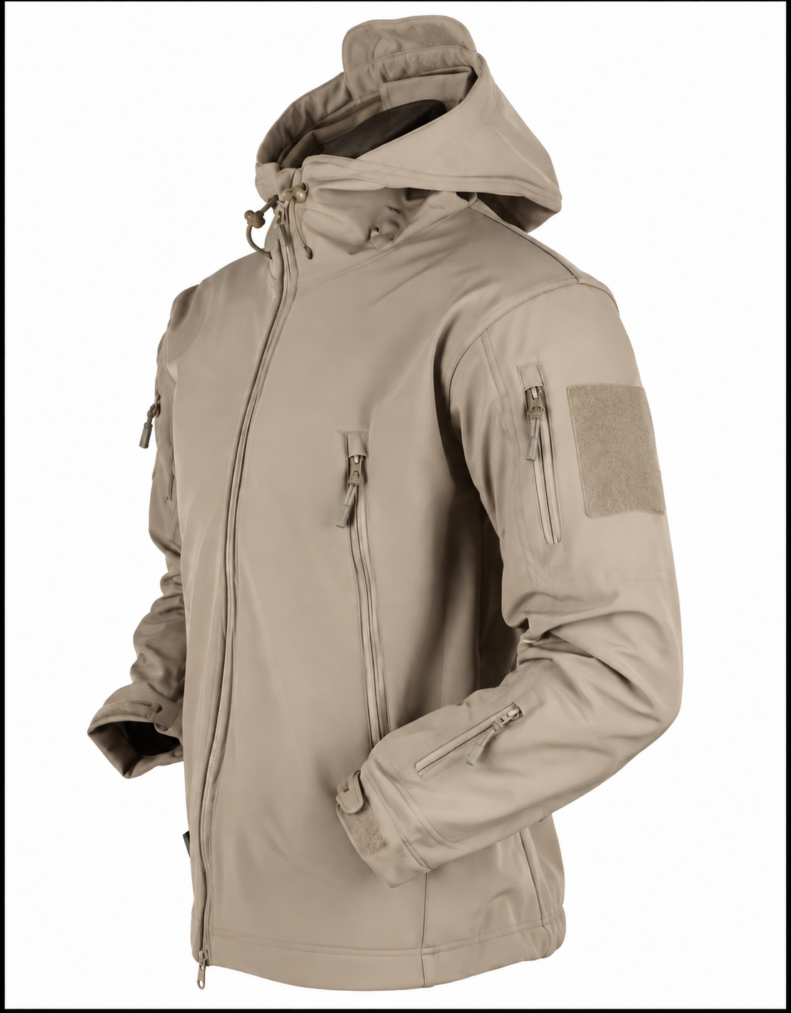 Softshell herenjack met capuchon, fleecevoering en ritszakken - zand
