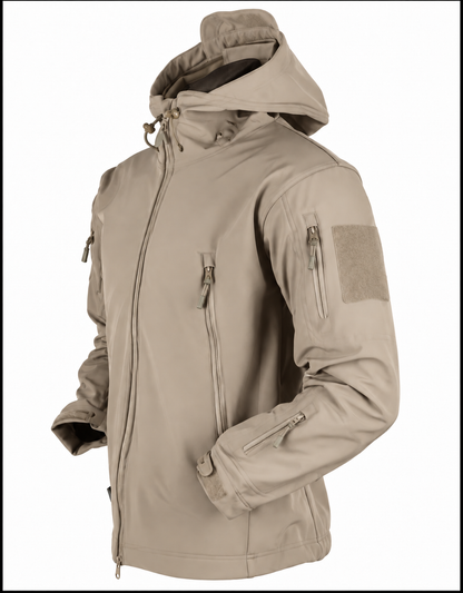 Softshell herenjack met capuchon, fleecevoering en ritszakken - zand