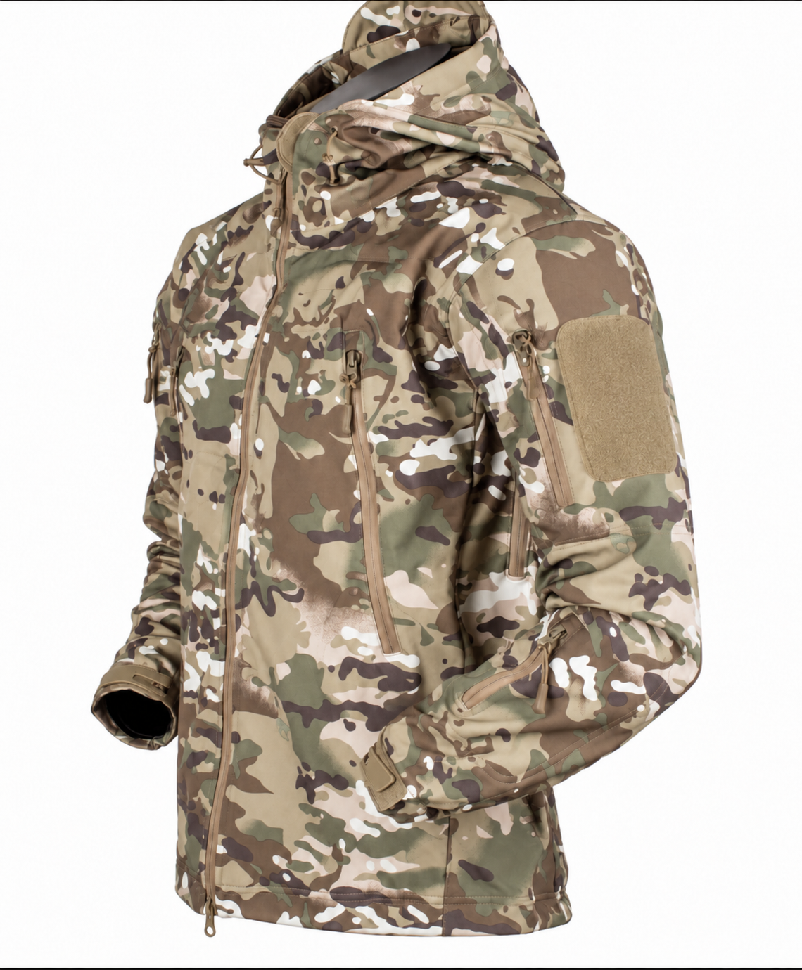 Softshell herenjack met capuchon, fleecevoering en ritszakken - beige camouflage