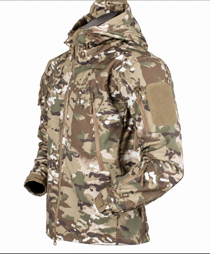 Softshell herenjack met capuchon, fleecevoering en ritszakken - beige camouflage
