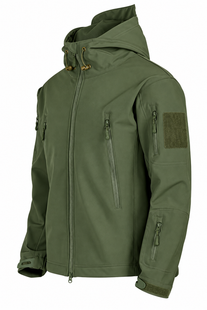 Softshell herenjack met capuchon, fleecevoering en ritszakken - legergroen