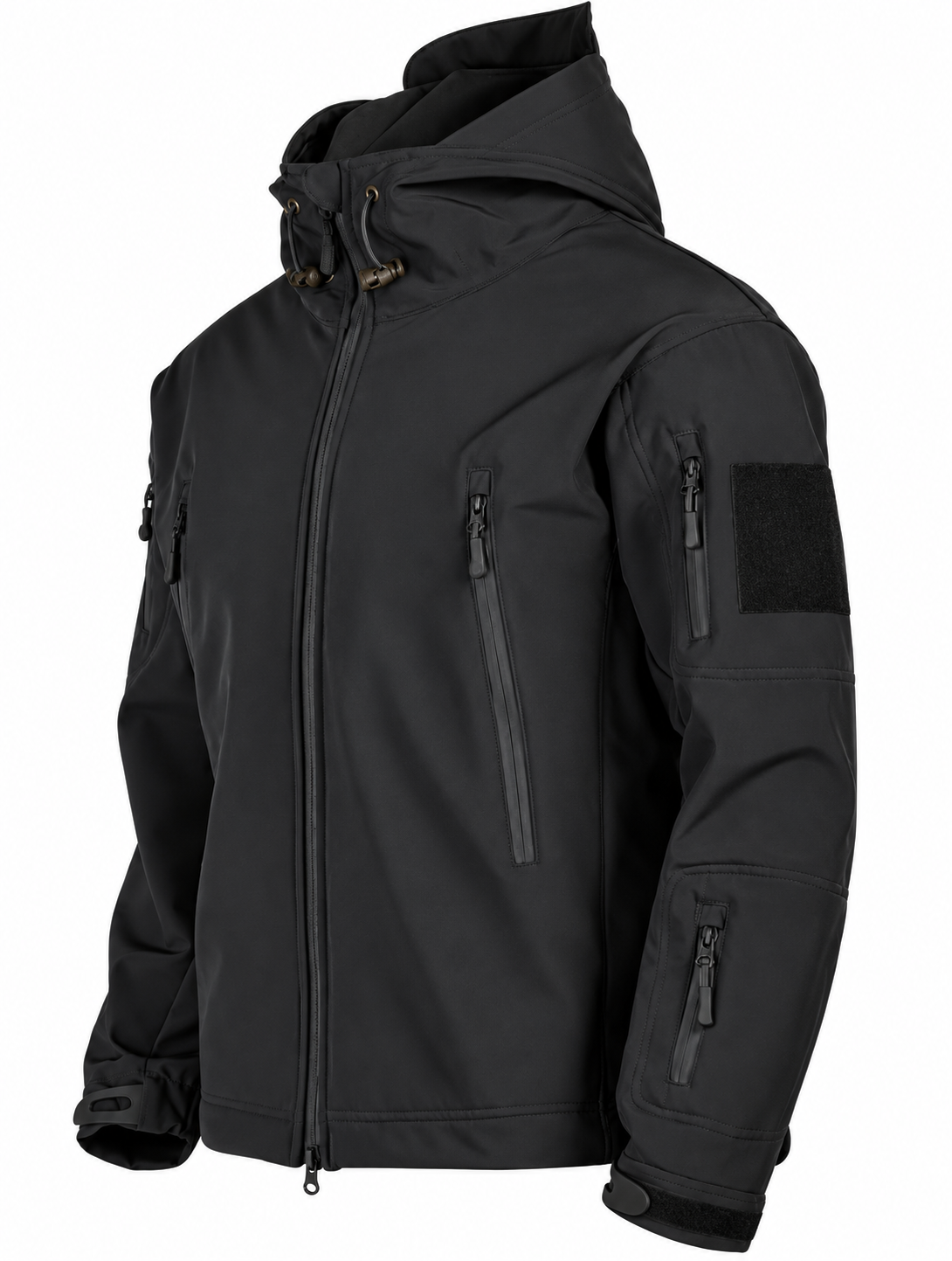Softshell herenjack met capuchon, fleecevoering en ritszakken - zwart