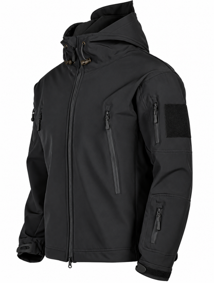 Softshell herenjack met capuchon, fleecevoering en ritszakken - zwart