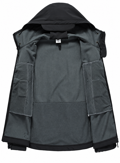 Softshell herenjack met capuchon, fleecevoering en ritszakken
