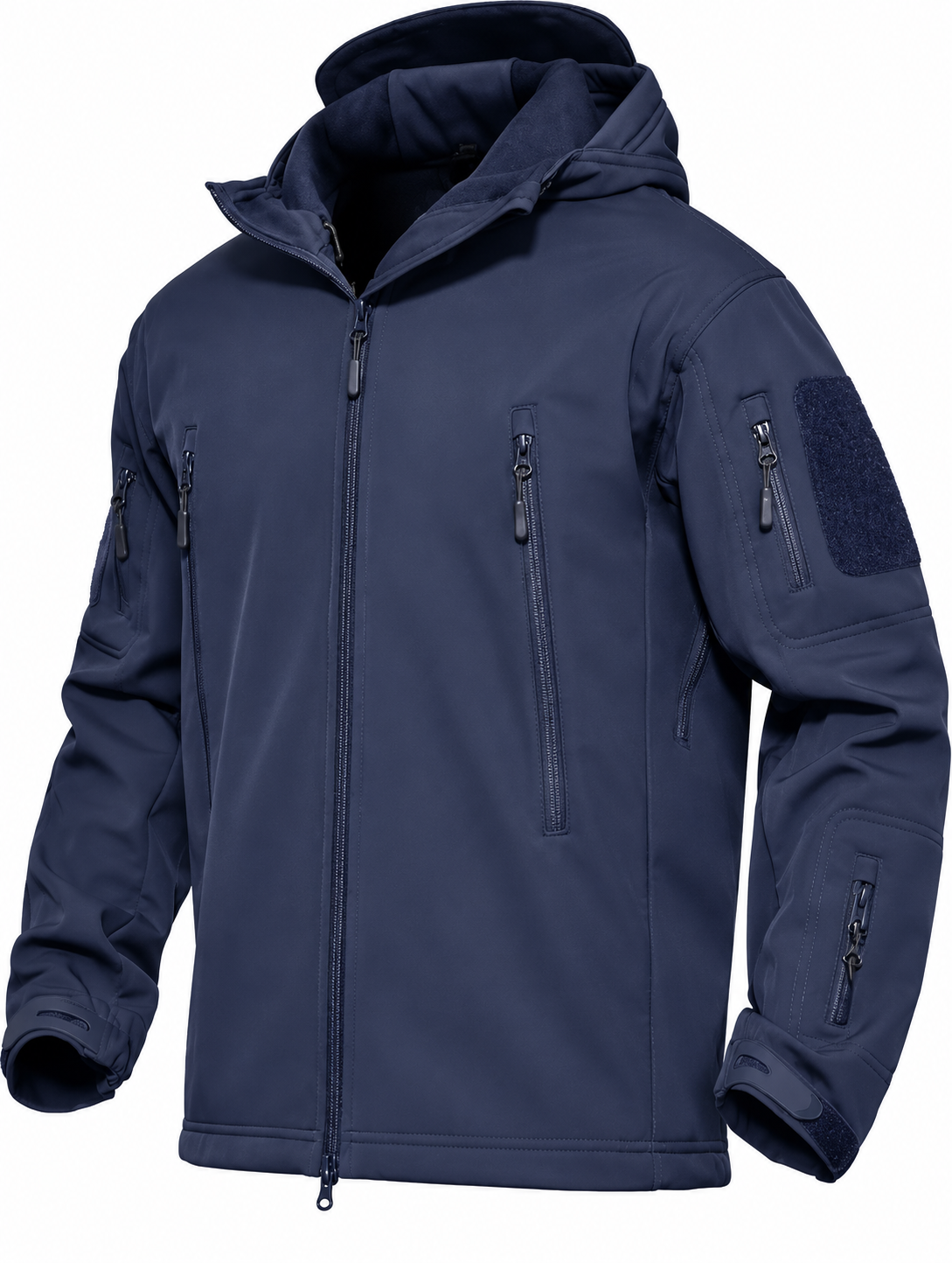 Softshell herenjack met capuchon, fleecevoering en ritszakken - marineblauw