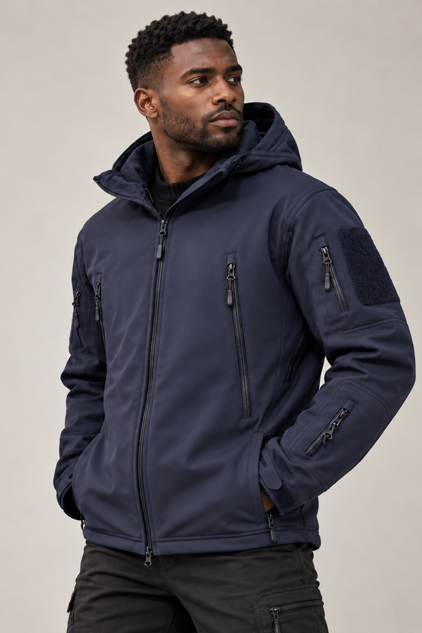 Softshell herenjack met capuchon, fleecevoering en ritszakken