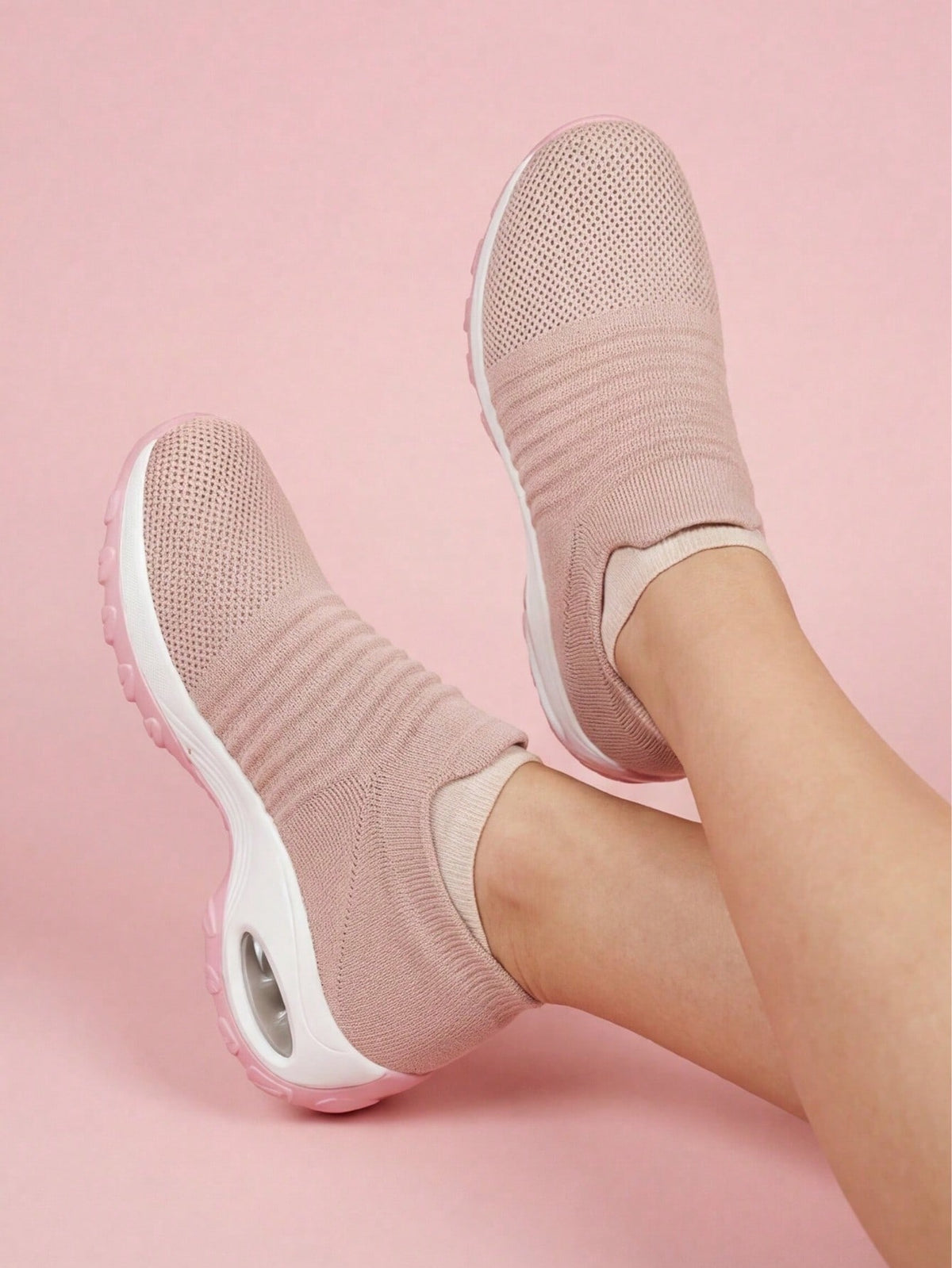 Sok sneakers voor dames met gebreide schacht zonder veters en dikke zool met luchtkamer - roze