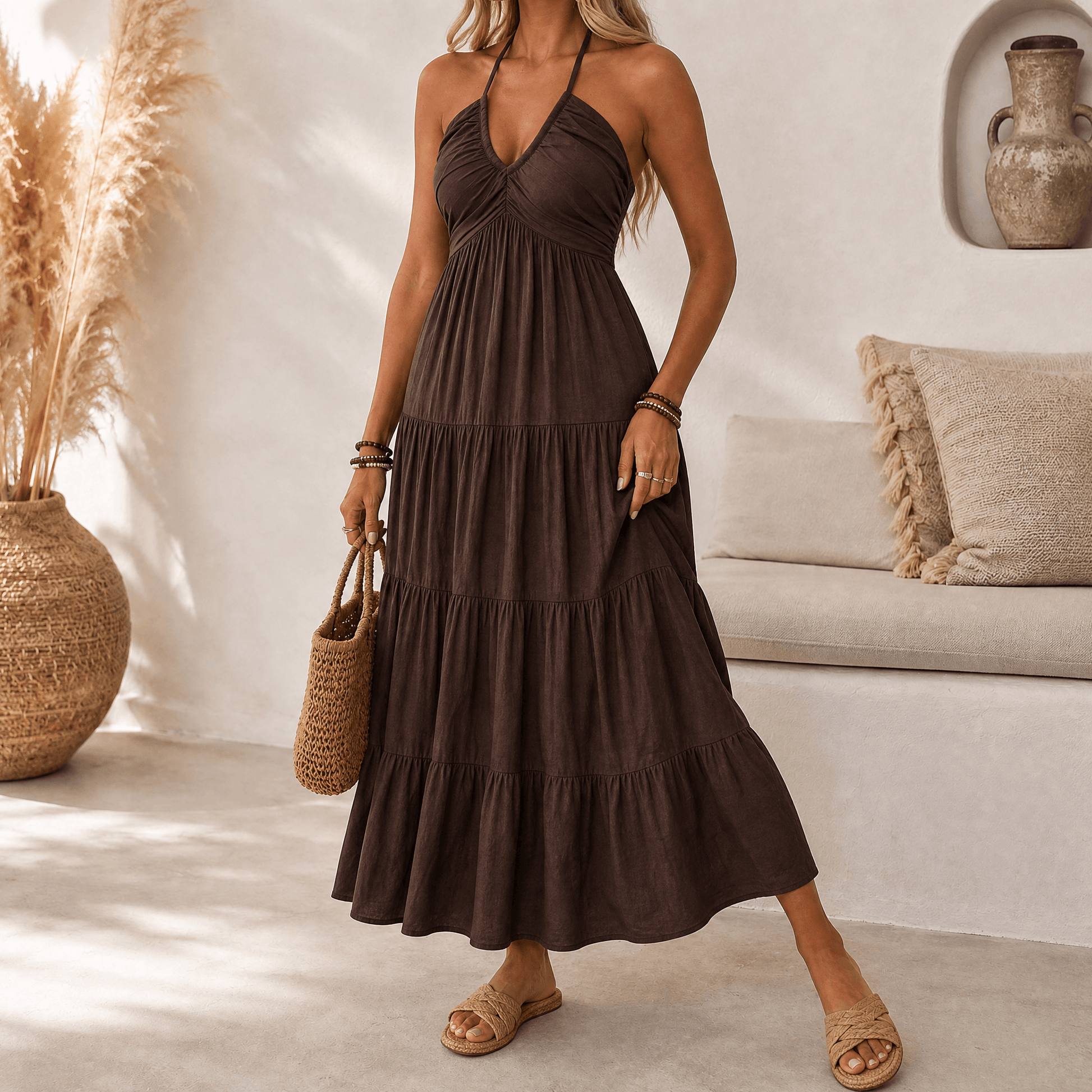 Halter maxi-jurk dames met stroken in Koffiebruin