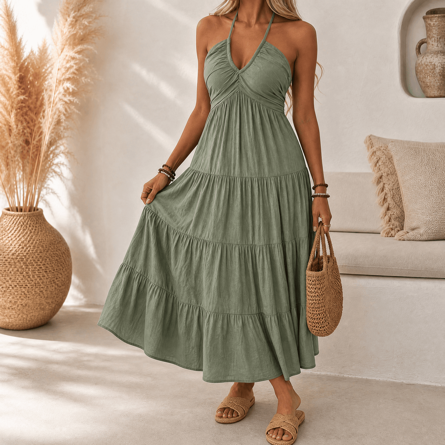 Halter maxi-jurk dames met stroken in Olijfgroen