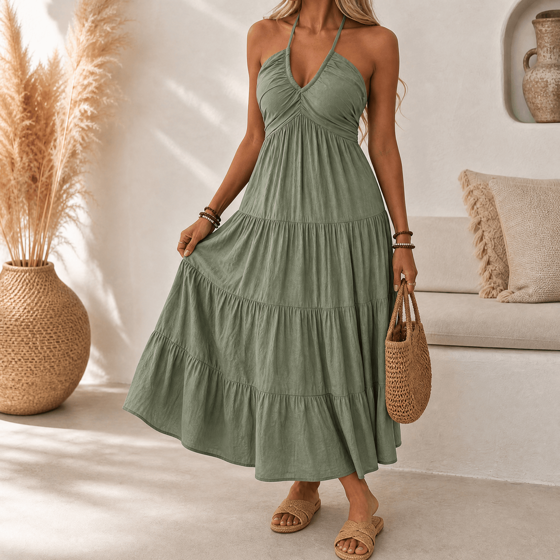 Halter maxi-jurk dames met stroken in Olijfgroen