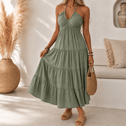 Halter maxi-jurk dames met stroken in Olijfgroen
