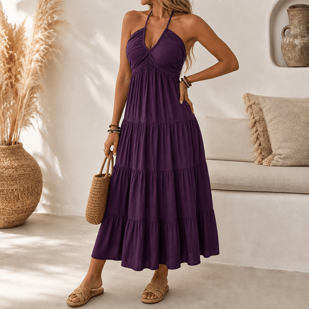 Halter maxi-jurk dames met stroken in Pruim