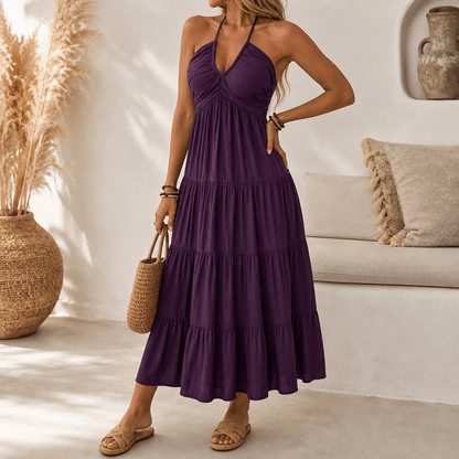 Halter maxi-jurk dames met stroken in Pruim