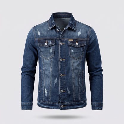 Spijkerjack voor heren in used look met twee borstzakken - donkerblauw