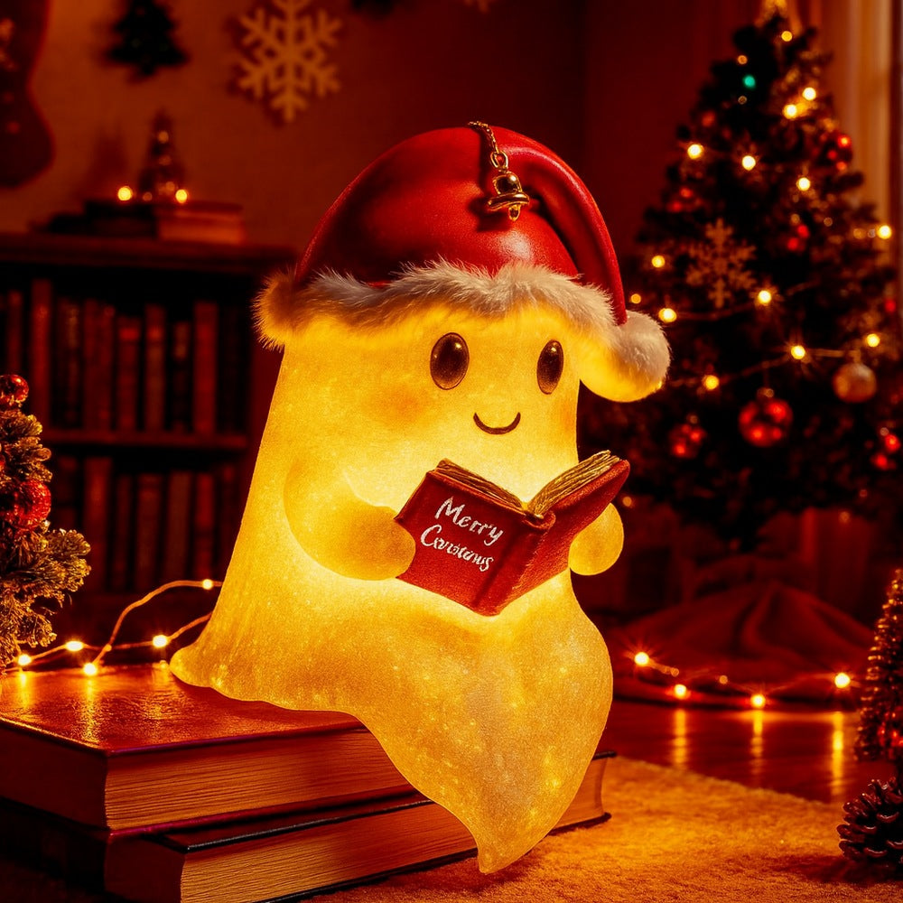 Wit spooklampje met rode kerstmuts en belletje dat een rood boek vasthoudt en warm geel oplicht