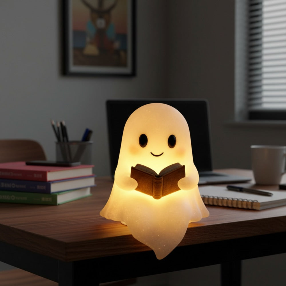 Wit spooklampje met zwarte oogjes en roze wangen dat een open bruin boek vasthoudt en warm geel oplicht