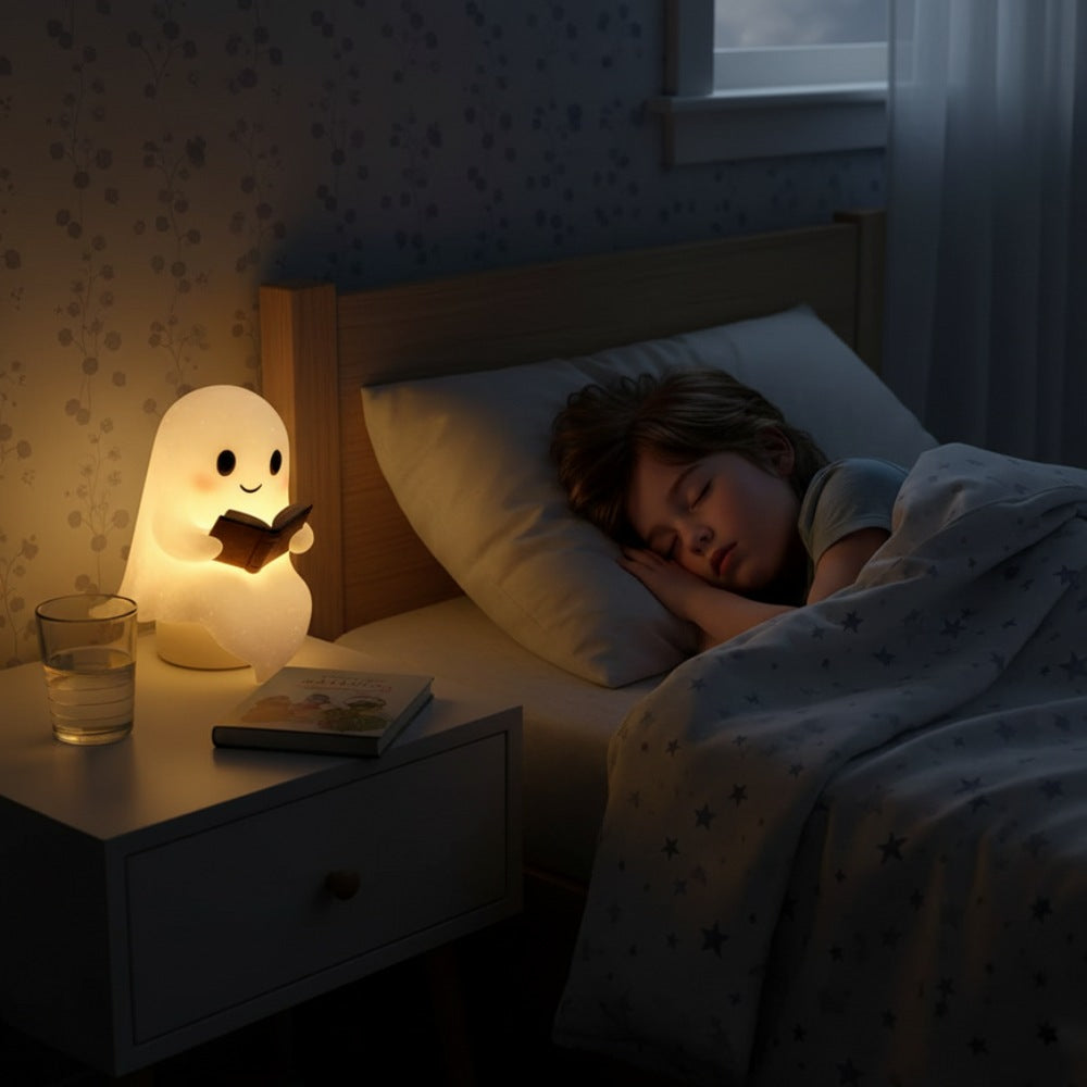 Wit spooklampje met zwarte oogjes en roze wangen dat een open bruin boek vasthoudt en warm geel oplicht