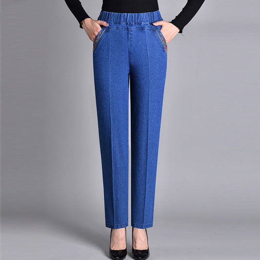 Spijkerbroek - dames - Met Elastische Taille en Zijzakken — Flatterend design met rechte pijp