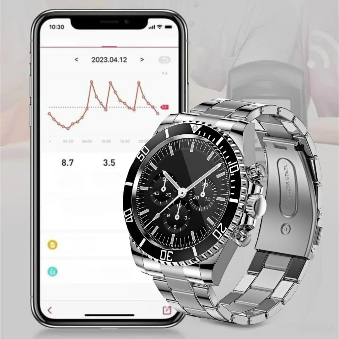 Stalen heren smartwatch naast een telefoon met de gezondheidsgrafiek