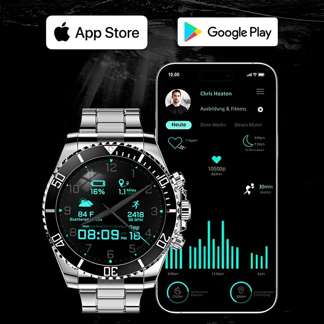 Stalen heren smartwatch naast een telefoon met de app