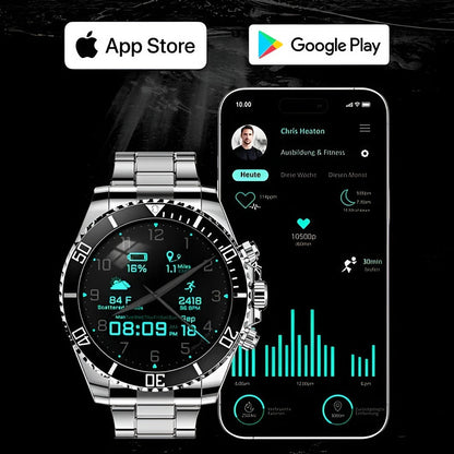 Stalen heren smartwatch naast een telefoon met de app