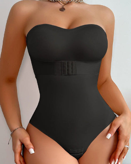 Strapless shapewear stringbody met voorgevormde cups en haakband om de taille - zwart