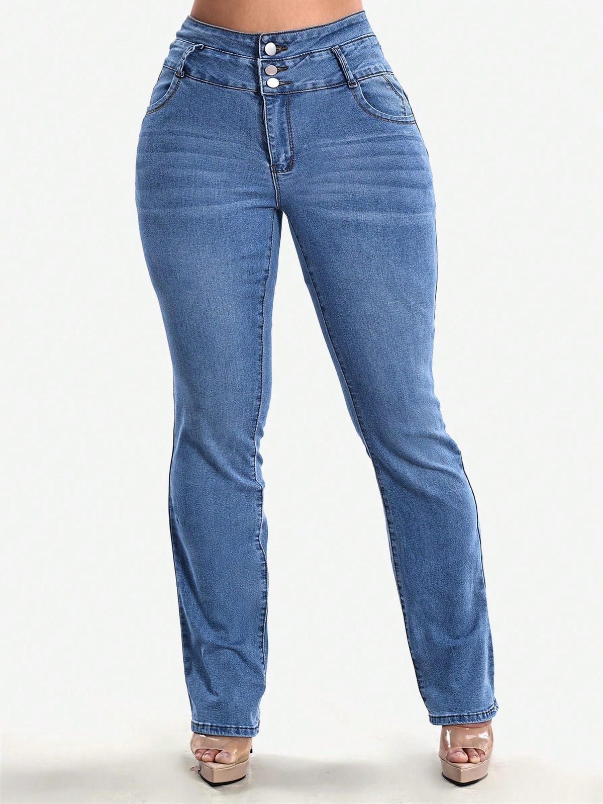 Stretch jeans voor dames met hoge taille, drie knopen en gestikte achterzakken - middenblauw