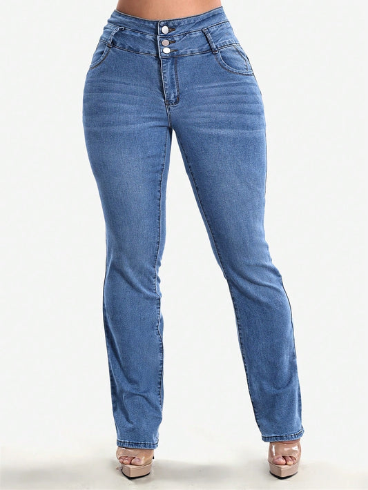 Stretch jeans voor dames met hoge taille, drie knopen en gestikte achterzakken - middenblauw