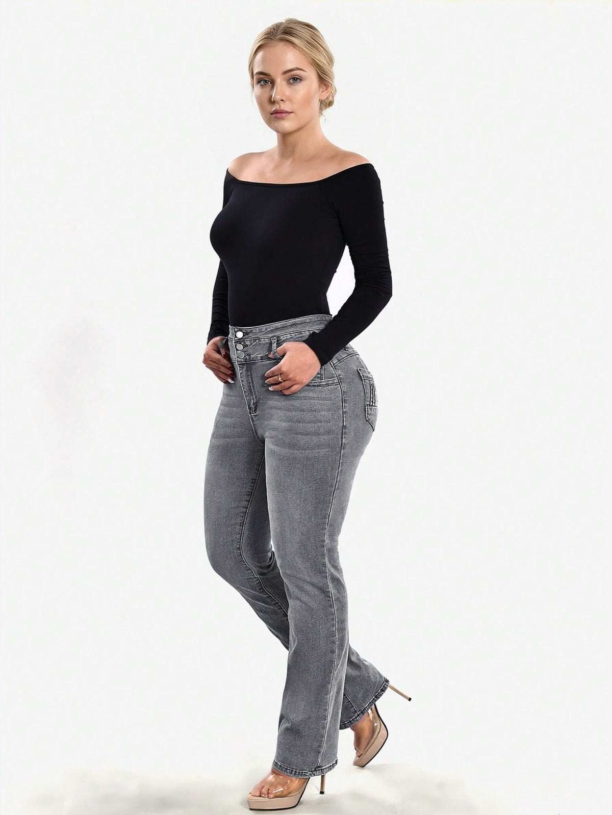 Stretch jeans voor dames met hoge taille, drie knopen en gestikte achterzakken - beeld 10