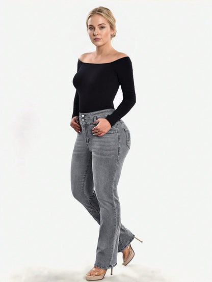 Stretch jeans voor dames met hoge taille, drie knopen en gestikte achterzakken - beeld 10