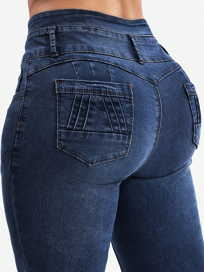 Stretch jeans voor dames met hoge taille, drie knopen en gestikte achterzakken - beeld 11