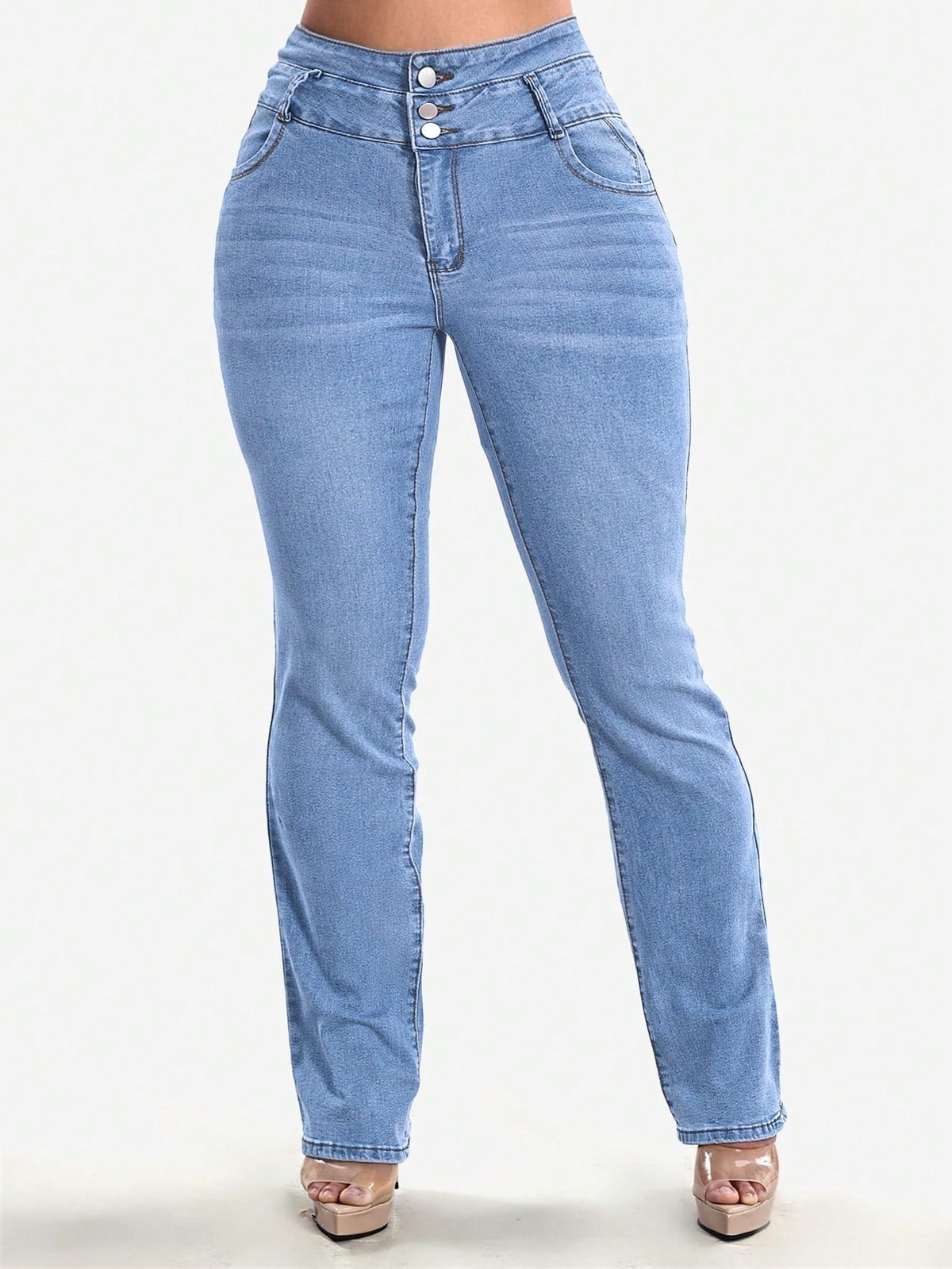 Stretch jeans voor dames met hoge taille, drie knopen en gestikte achterzakken - lichtblauw