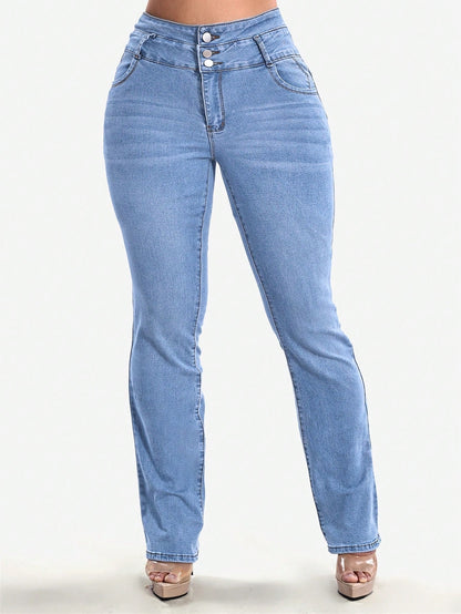 Stretch jeans voor dames met hoge taille, drie knopen en gestikte achterzakken - lichtblauw