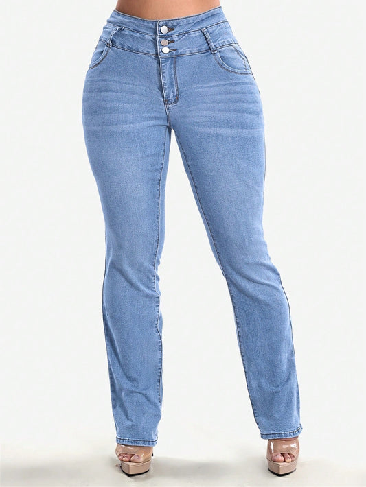 Stretch jeans voor dames met hoge taille, drie knopen en gestikte achterzakken - lichtblauw