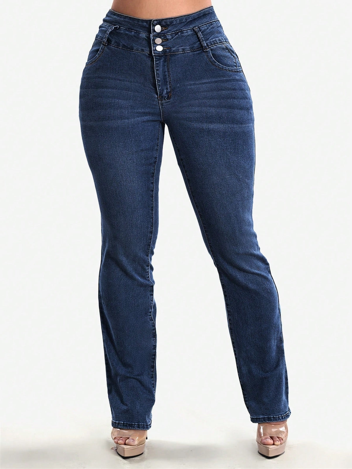 Stretch jeans voor dames met hoge taille, drie knopen en gestikte achterzakken - donkerblauw